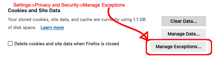 Firefox Manage Exceptions Ellucian Site